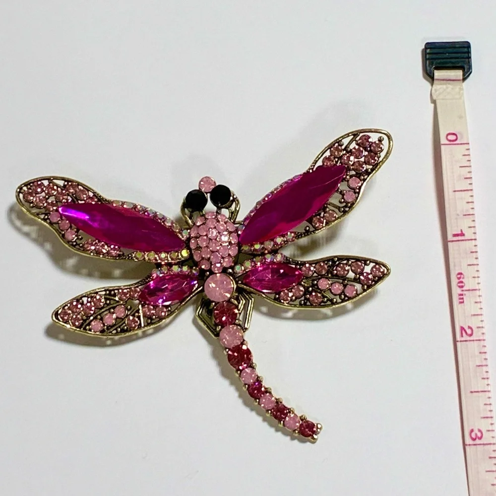 Vintage gemstone antique embellished dragonfly brooch pin pink gold barbiecore